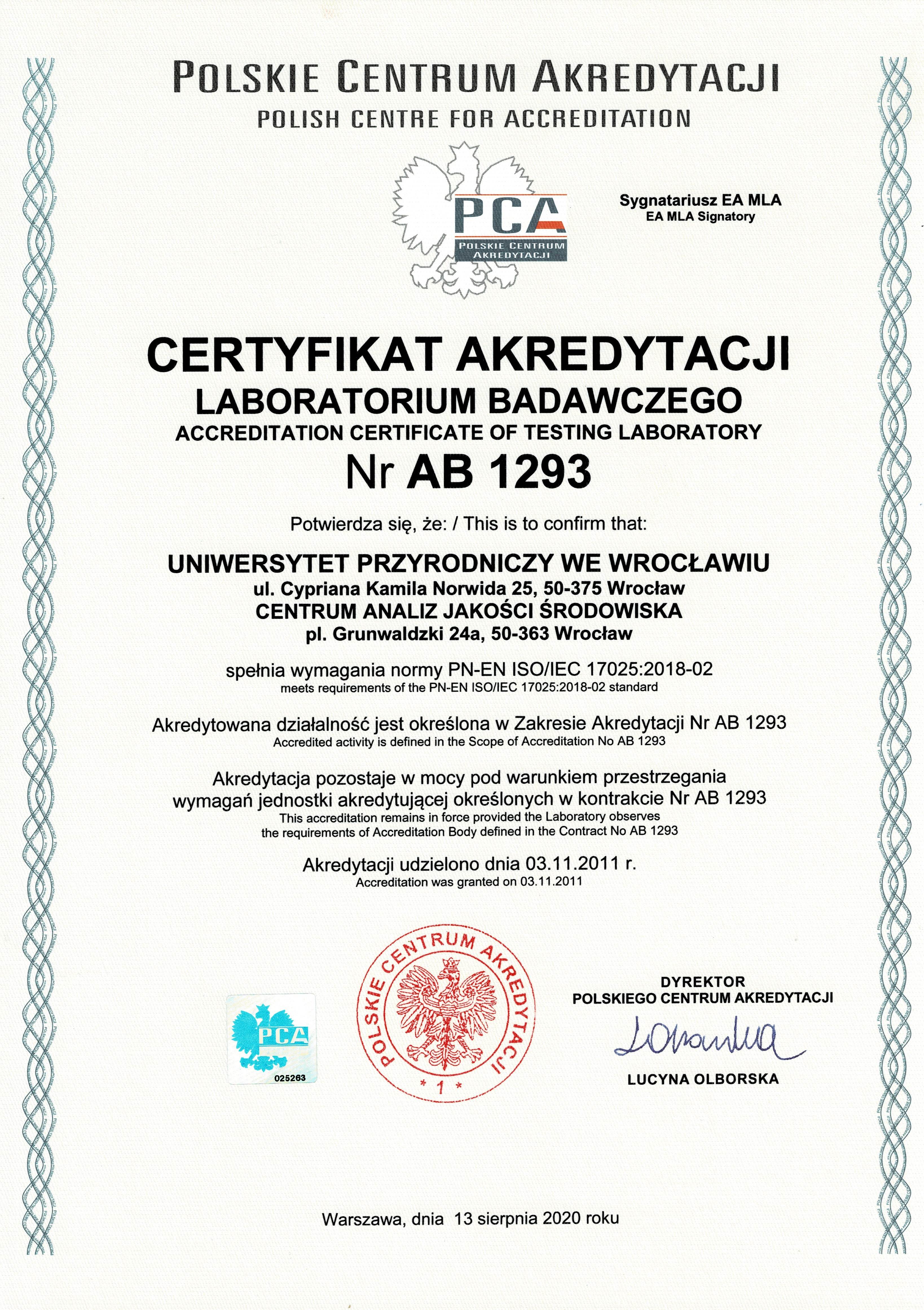 Certyfikat akredytacji laboratoriu badawczego